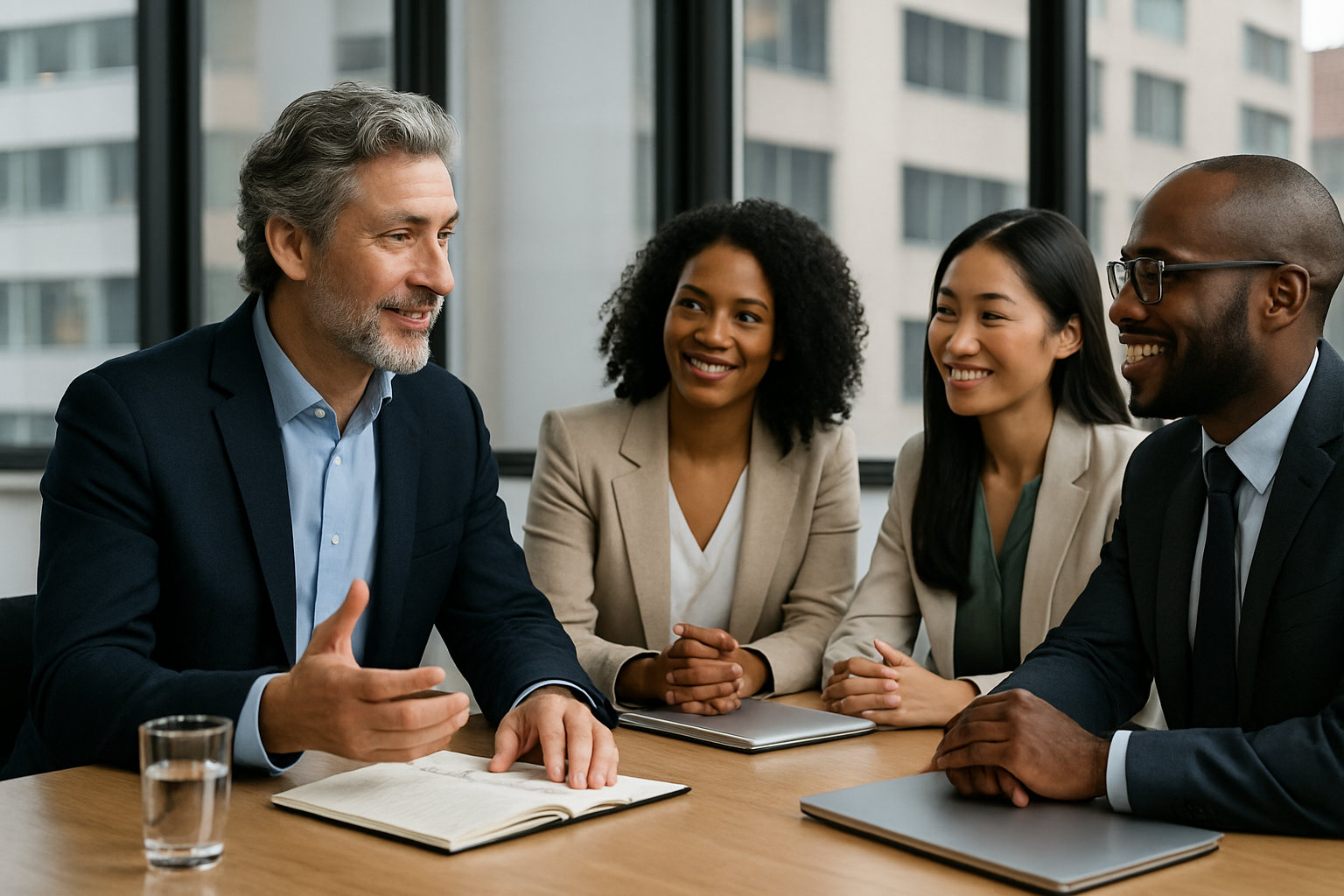 Executive coach collaborating with a diverse leadership team